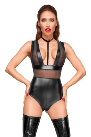 F183 Powerwetlook body with wide straps, tulle inserts and velvet choker L