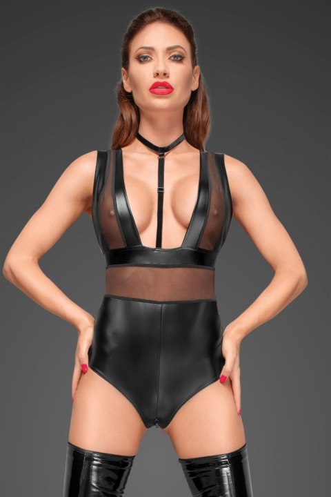 F183 Powerwetlook body with wide straps, tulle inserts and velvet choker L