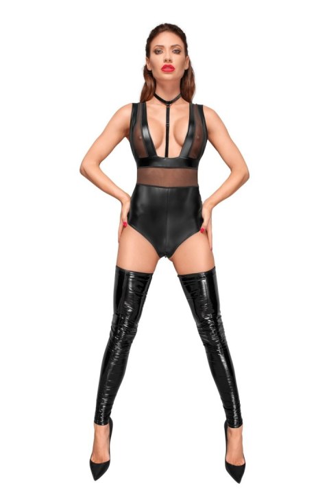 F183 Powerwetlook body with wide straps, tulle inserts and velvet choker L