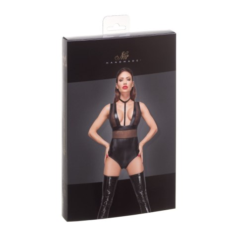 F183 Powerwetlook body with wide straps, tulle inserts and velvet choker XL